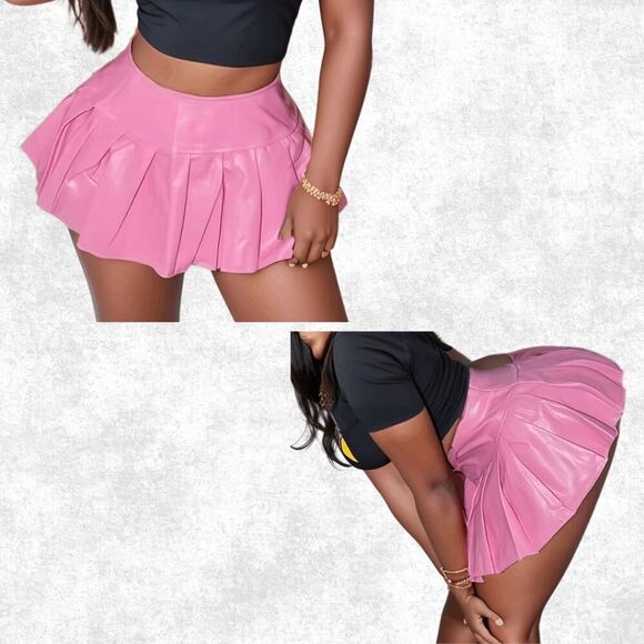 Pink Faux Leather Pleated Mini Skirt – Y2K Clubwear, Festival Baddie Vibes xl - Picture 1 of 3